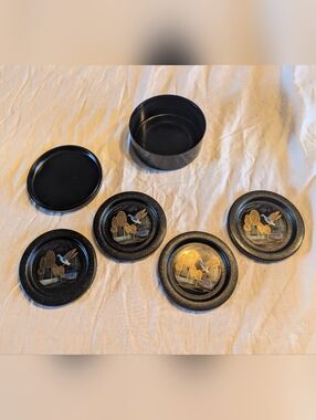 2/30$ Vintage Black and Gold Lacquered Coasters with Blue Bird Motif